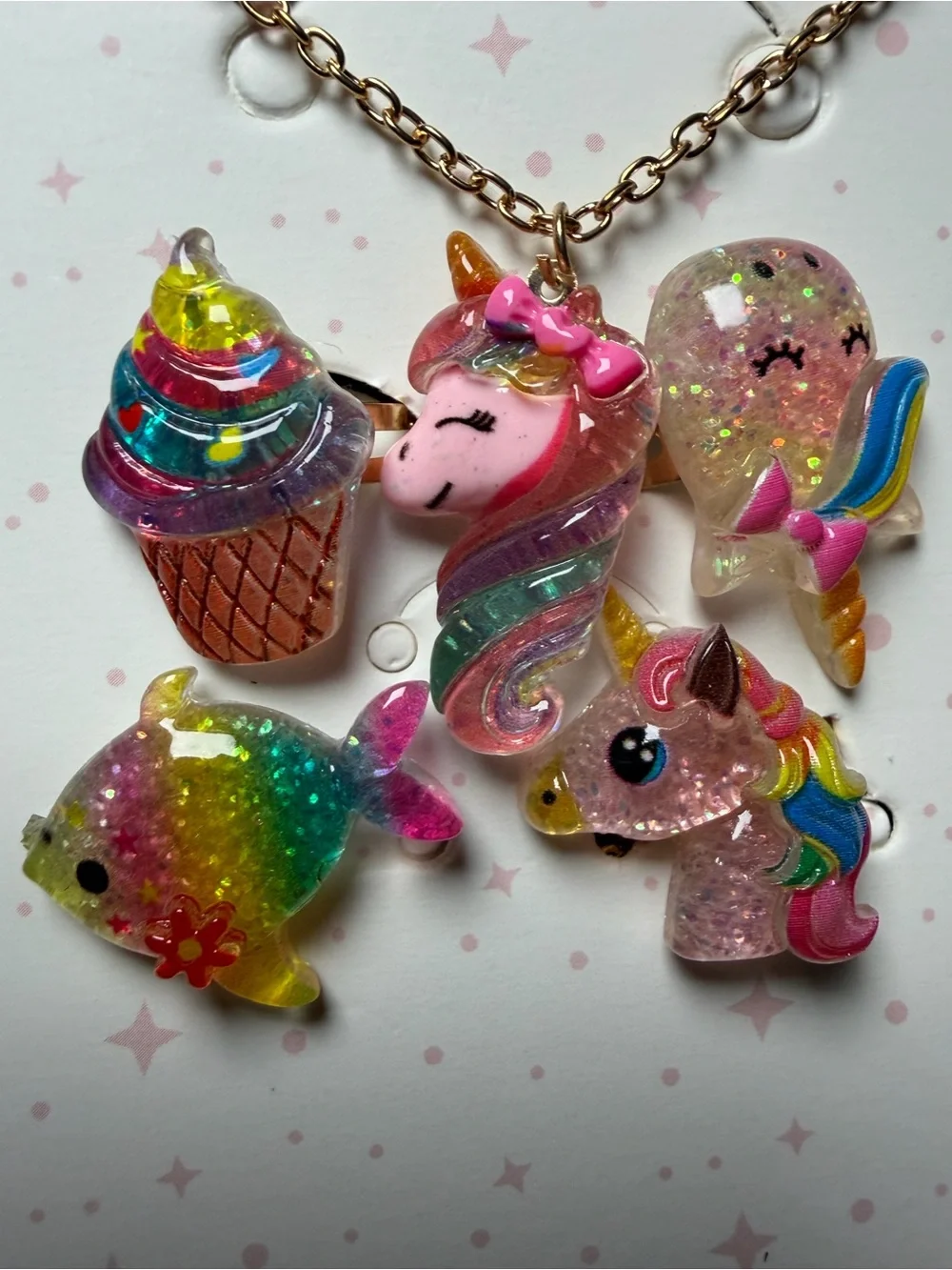 Unifull Rainbow Unicorn & Sweet Charms Necklace And Four Ring Set